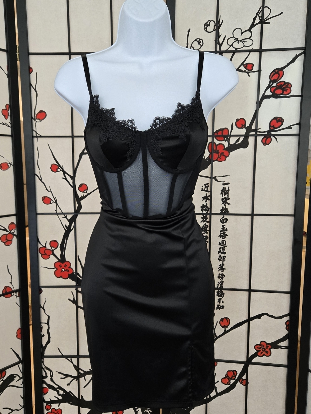 Black Mesh Corset Satin Dress With Lace Detailing